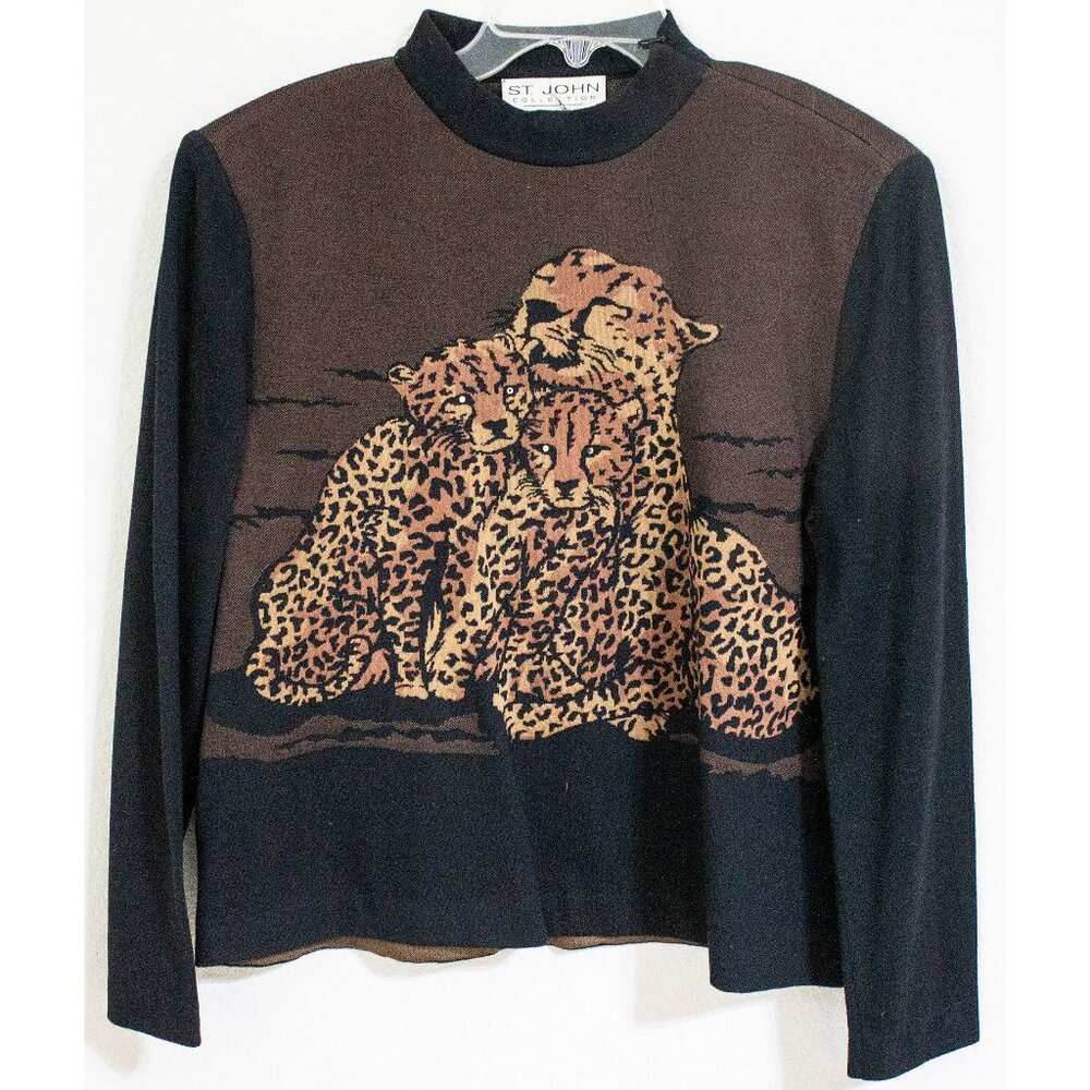 St John Collection by Marie Gray Sweat Shirt Leopard Design Rhinestone Eyes L